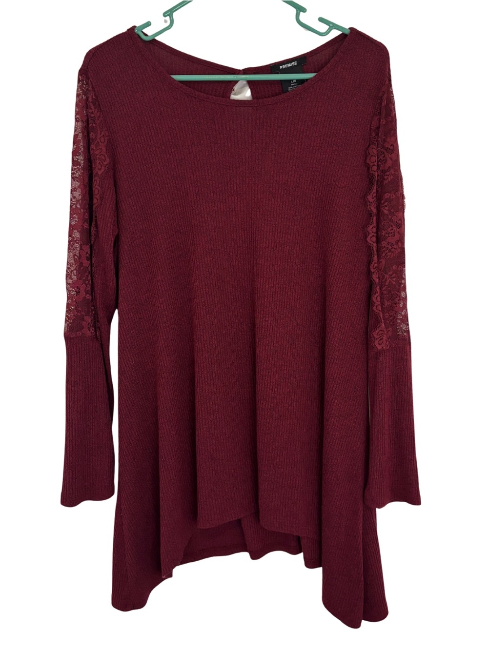 3/$20 Premise Burgundy Lace-Inset Long Sleeve Knit Tunic